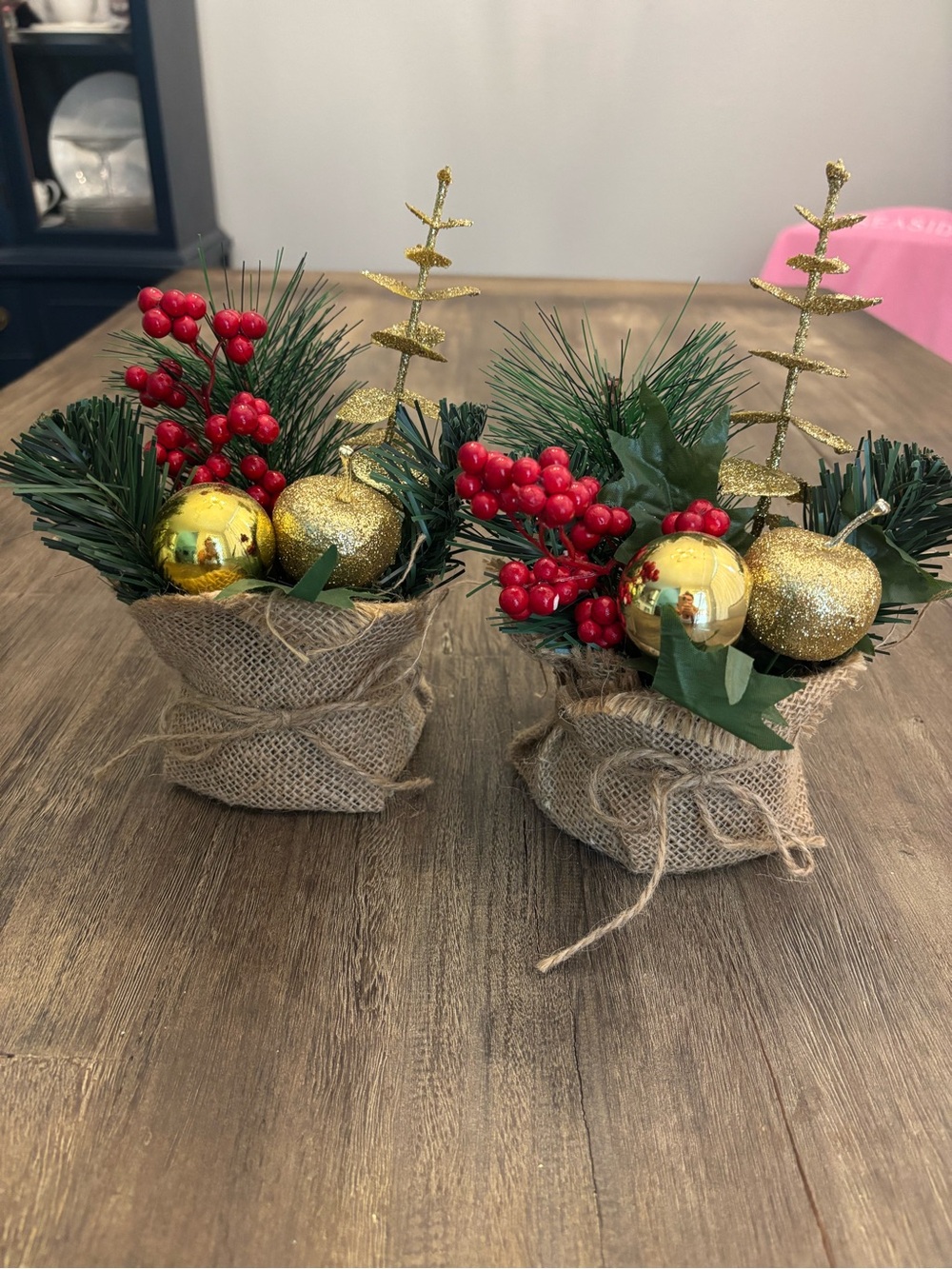Hobby Lobby Gold and Red Burlap Holiday Potted Floral Arrangements - Set of 2